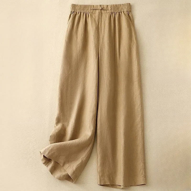 Buddha Stones Versatile Solid Color Elastic Waistband Frog-Button Cotton Linen Women's Wide Leg Pants With Pockets