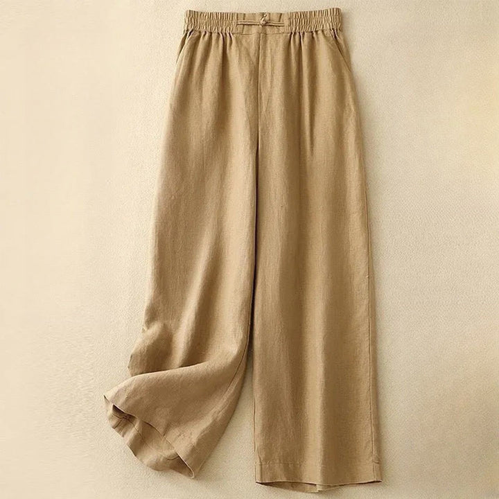 Buddha Stones Versatile Solid Color Elastic Waistband Frog-Button Cotton Linen Women's Wide Leg Pants With Pockets