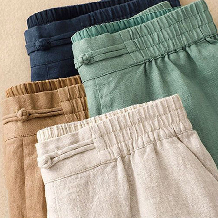 Buddha Stones Versatile Solid Color Elastic Waistband Frog-Button Cotton Linen Women's Wide Leg Pants With Pockets
