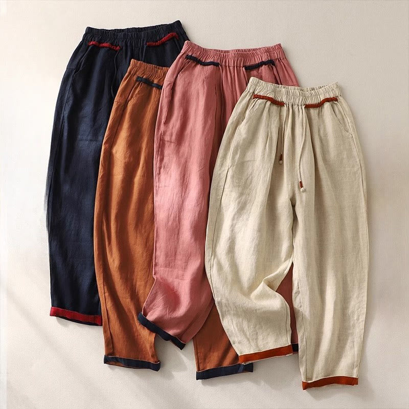 Buddha Stones Versatile Contrasting Color Design Drawstring 9 Length Women's Harem Pants With Pockets