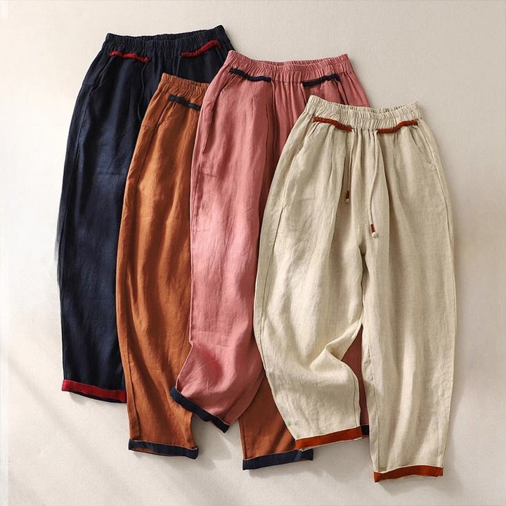 Buddha Stones Versatile Contrasting Color Design Drawstring 9 Length Women's Harem Pants With Pockets