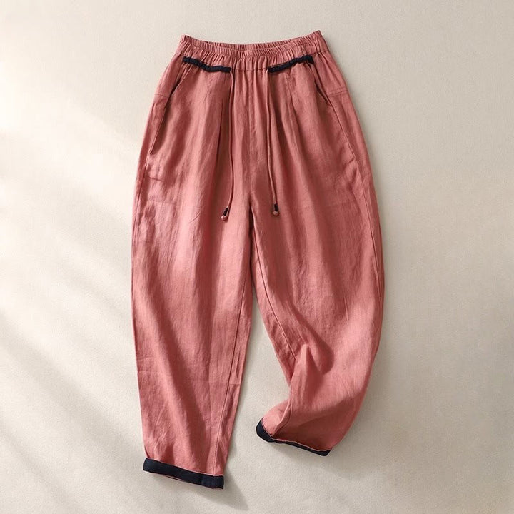 Buddha Stones Versatile Contrasting Color Design Drawstring 9 Length Women's Harem Pants With Pockets