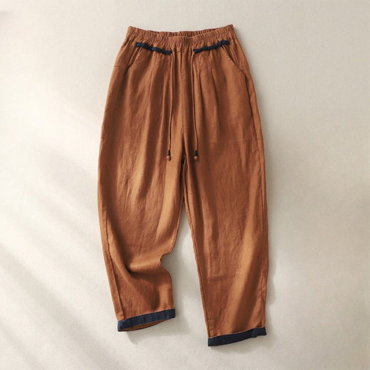 Buddha Stones Versatile Contrasting Color Design Drawstring 9 Length Women's Harem Pants With Pockets