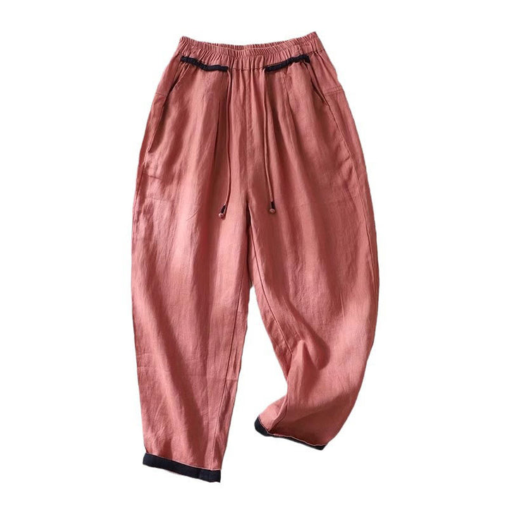 Buddha Stones Versatile Contrasting Color Design Drawstring 9 Length Women's Harem Pants With Pockets
