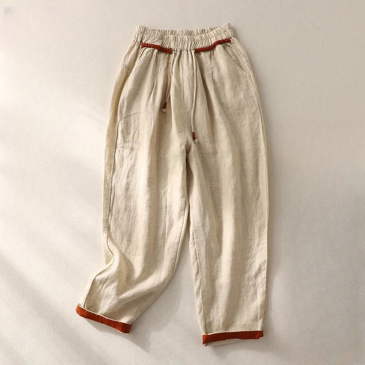 Buddha Stones Versatile Contrasting Color Design Drawstring 9 Length Women's Harem Pants With Pockets