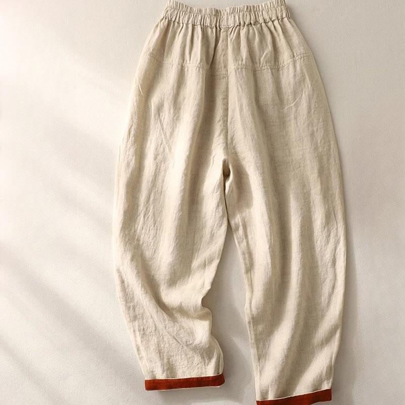 Buddha Stones Versatile Contrasting Color Design Drawstring 9 Length Women's Harem Pants With Pockets