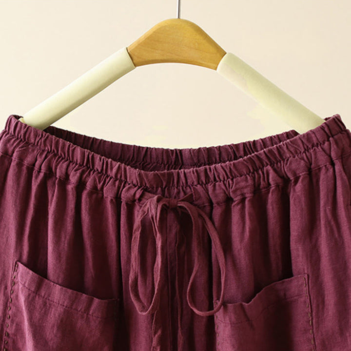 Buddha Stones Casual Plain Wrinkles Design Drawstring 9 Length Cotton Linen Women's Wide Leg Pants With Pockets