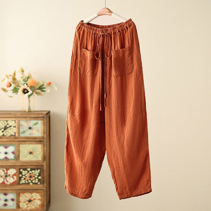 Buddha Stones Casual Plain Wrinkles Design Drawstring 9 Length Cotton Linen Women's Wide Leg Pants With Pockets