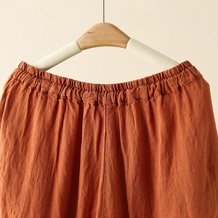Buddha Stones Casual Plain Wrinkles Design Drawstring 9 Length Cotton Linen Women's Wide Leg Pants With Pockets