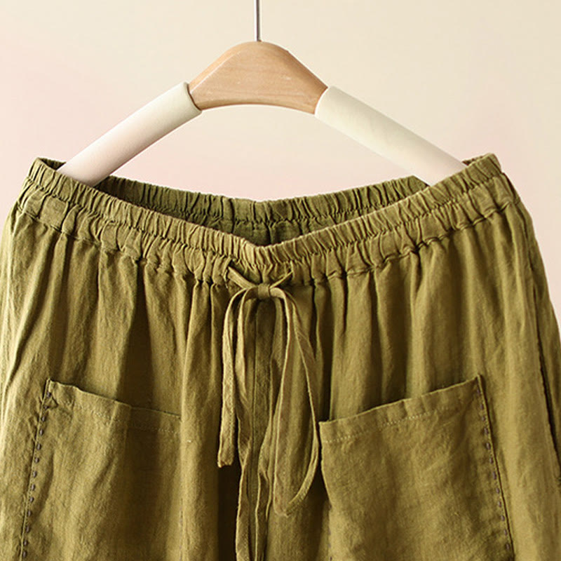 Buddha Stones Casual Plain Wrinkles Design Drawstring 9 Length Cotton Linen Women's Wide Leg Pants With Pockets
