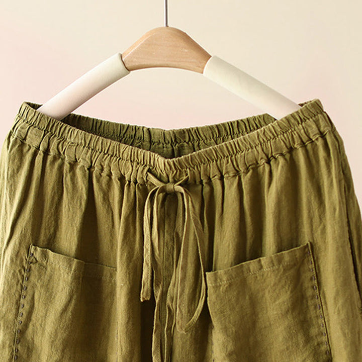 Buddha Stones Casual Plain Wrinkles Design Drawstring 9 Length Cotton Linen Women's Wide Leg Pants With Pockets