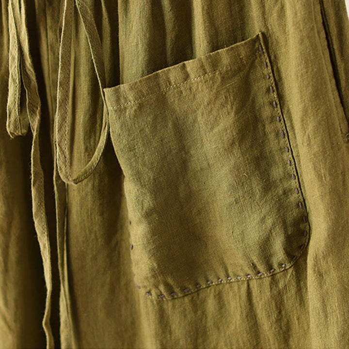 Buddha Stones Casual Plain Wrinkles Design Drawstring 9 Length Cotton Linen Women's Wide Leg Pants With Pockets