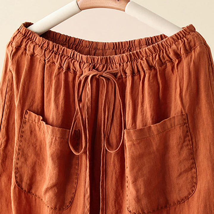 Buddha Stones Casual Plain Wrinkles Design Drawstring 9 Length Cotton Linen Women's Wide Leg Pants With Pockets