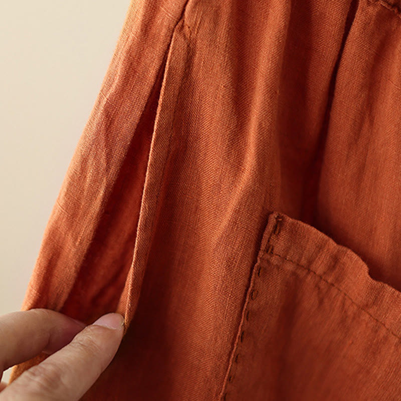 Buddha Stones Casual Plain Wrinkles Design Drawstring 9 Length Cotton Linen Women's Wide Leg Pants With Pockets