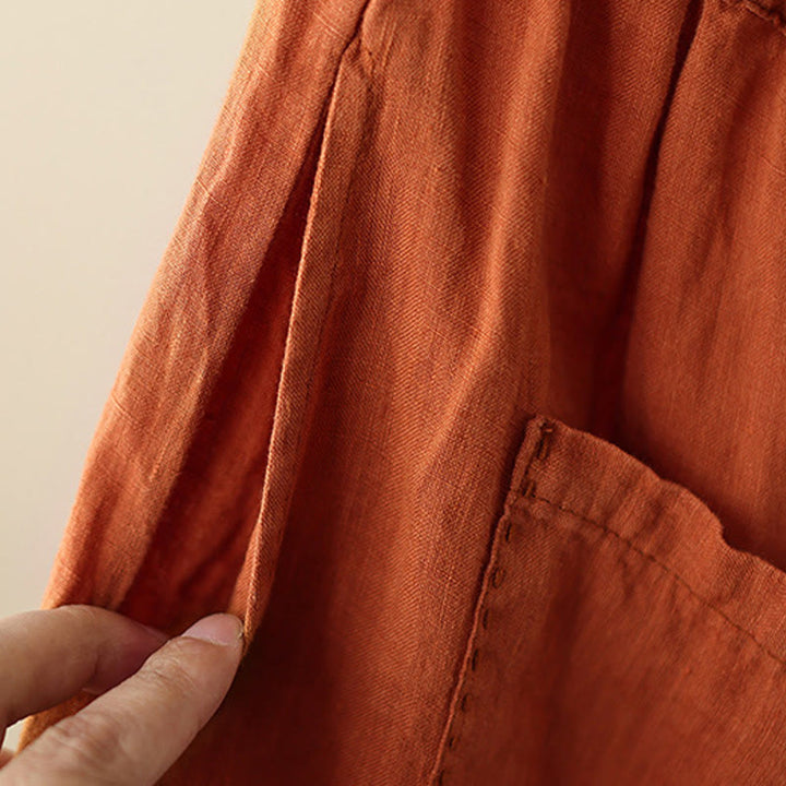 Buddha Stones Casual Plain Wrinkles Design Drawstring 9 Length Cotton Linen Women's Wide Leg Pants With Pockets