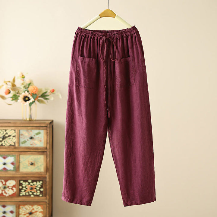 Buddha Stones Casual Plain Wrinkles Design Drawstring 9 Length Cotton Linen Women's Wide Leg Pants With Pockets