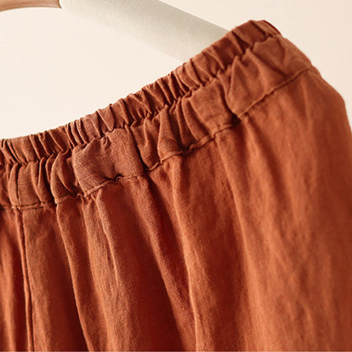 Buddha Stones Casual Plain Wrinkles Design Drawstring 9 Length Cotton Linen Women's Wide Leg Pants With Pockets