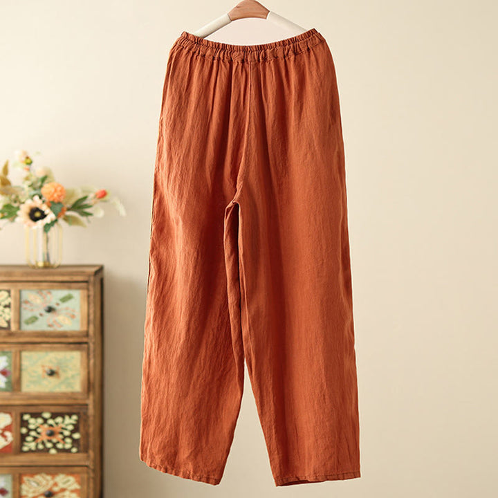 Buddha Stones Casual Plain Wrinkles Design Drawstring 9 Length Cotton Linen Women's Wide Leg Pants With Pockets