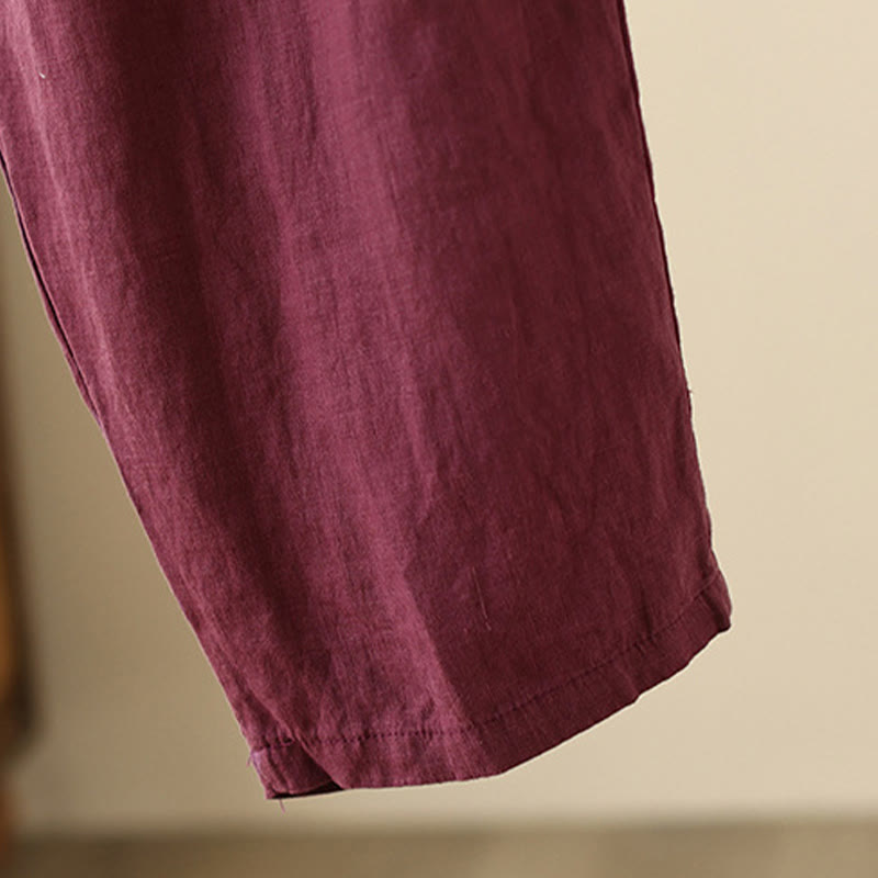 Buddha Stones Casual Plain Wrinkles Design Drawstring 9 Length Cotton Linen Women's Wide Leg Pants With Pockets