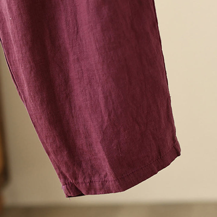 Buddha Stones Casual Plain Wrinkles Design Drawstring 9 Length Cotton Linen Women's Wide Leg Pants With Pockets