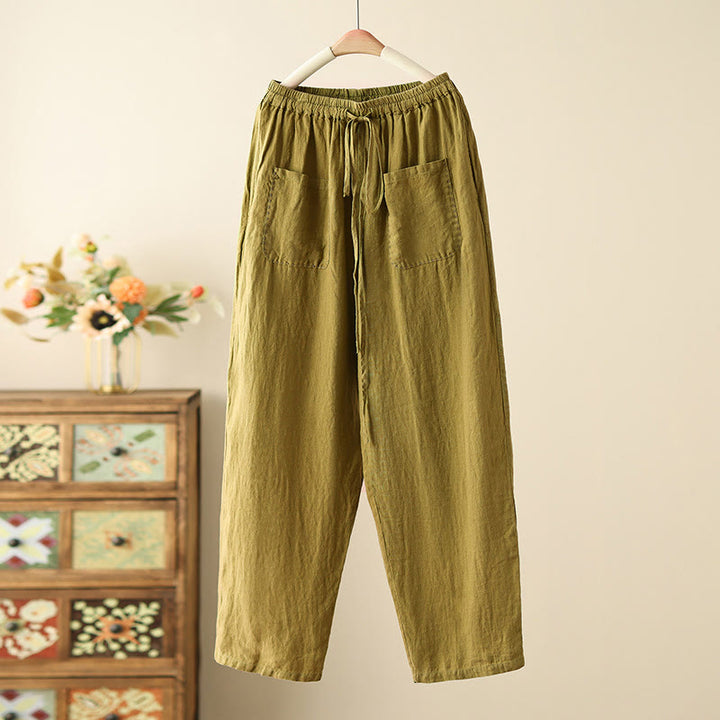 Buddha Stones Casual Plain Wrinkles Design Drawstring 9 Length Cotton Linen Women's Wide Leg Pants With Pockets