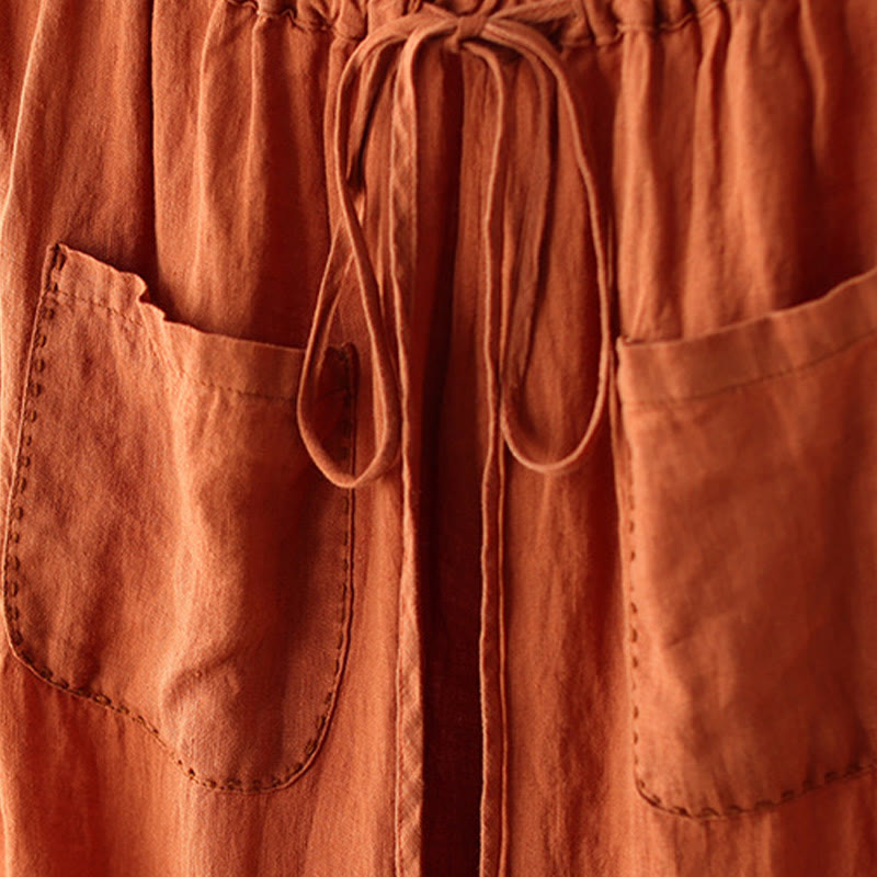 Buddha Stones Casual Plain Wrinkles Design Drawstring 9 Length Cotton Linen Women's Wide Leg Pants With Pockets