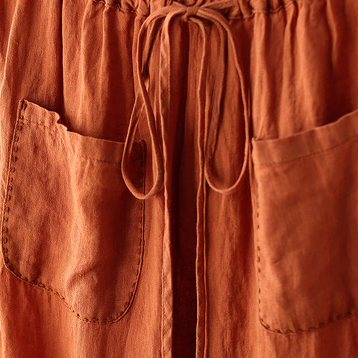 Buddha Stones Casual Plain Wrinkles Design Drawstring 9 Length Cotton Linen Women's Wide Leg Pants With Pockets