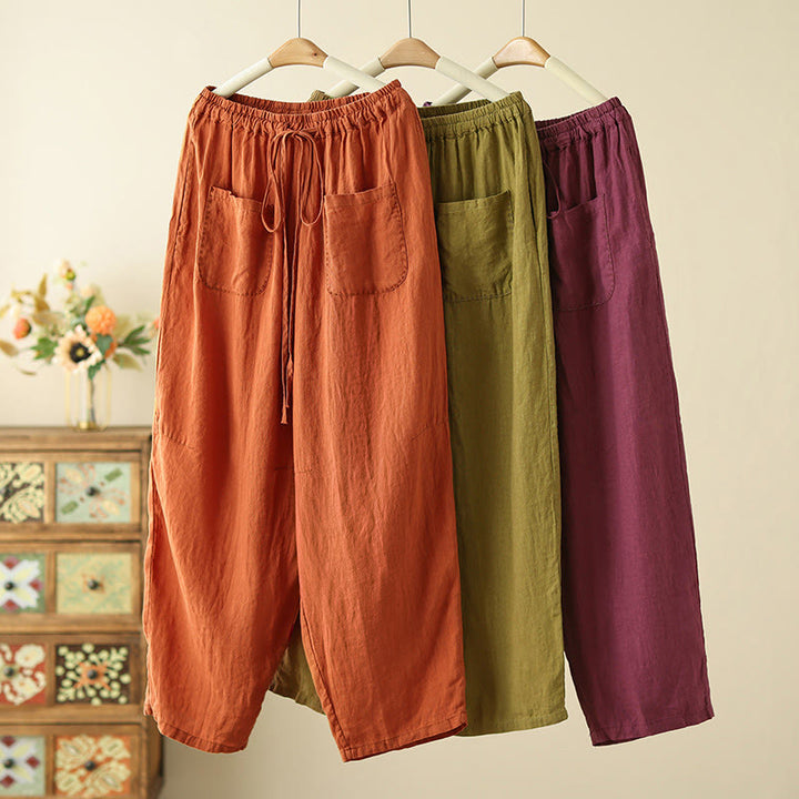 Buddha Stones Casual Plain Wrinkles Design Drawstring 9 Length Cotton Linen Women's Wide Leg Pants With Pockets