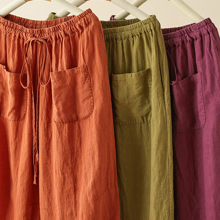 Buddha Stones Casual Plain Wrinkles Design Drawstring 9 Length Cotton Linen Women's Wide Leg Pants With Pockets