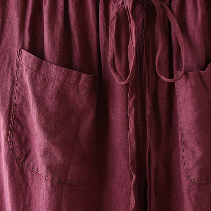 Buddha Stones Casual Plain Wrinkles Design Drawstring 9 Length Cotton Linen Women's Wide Leg Pants With Pockets
