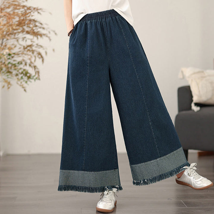 Buddha Stones Spring Vintage Distressed Tassel Design Women's Wide Leg Pants With Pockets