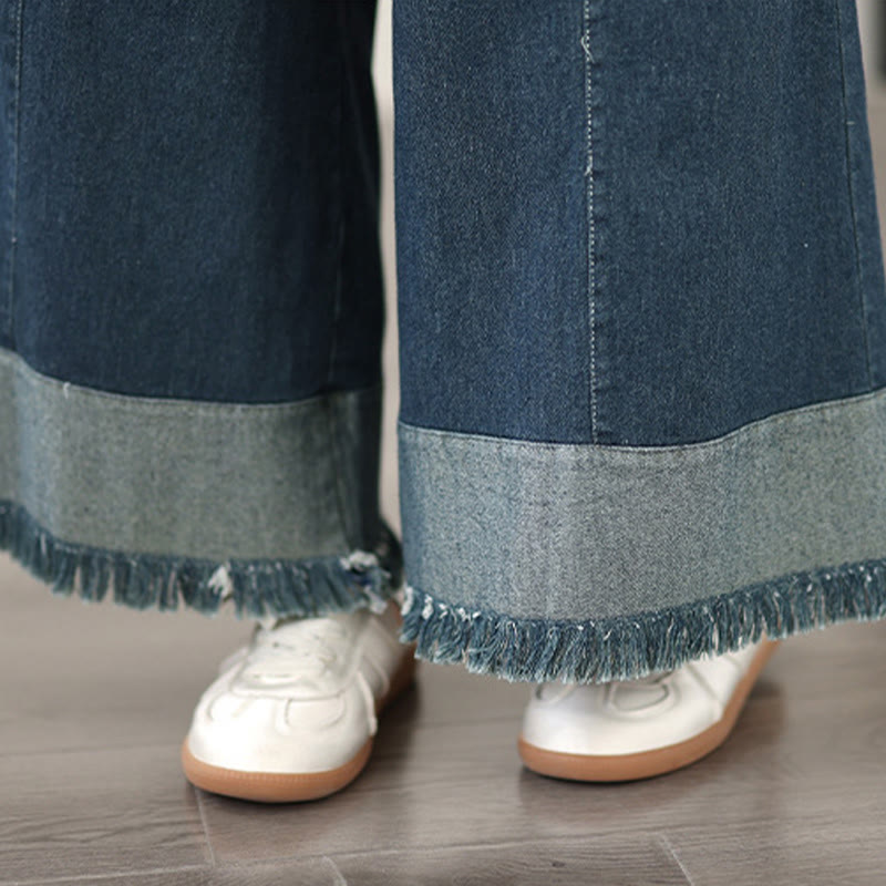 Buddha Stones Spring Vintage Distressed Tassel Design Women's Wide Leg Pants With Pockets