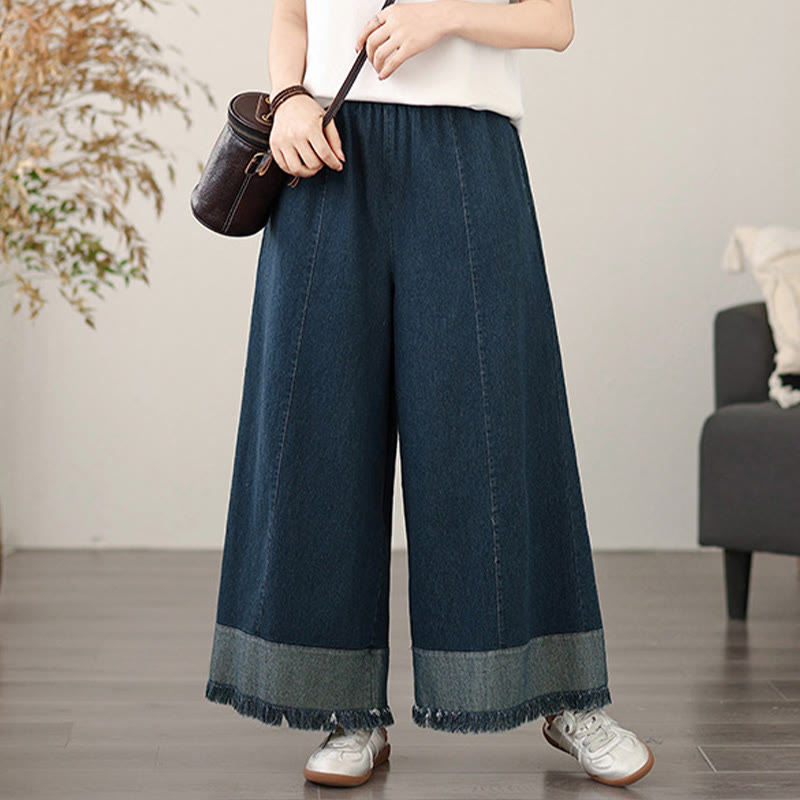 Buddha Stones Spring Vintage Distressed Tassel Design Women's Wide Leg Pants With Pockets