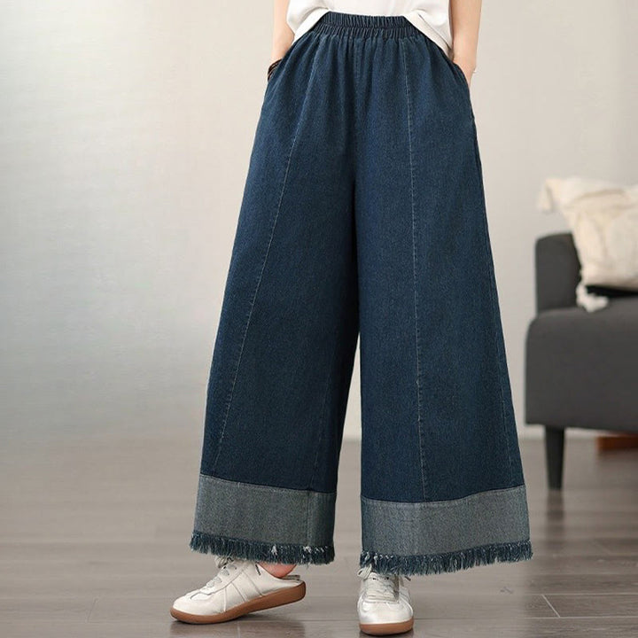 Buddha Stones Spring Vintage Distressed Tassel Design Women's Wide Leg Pants With Pockets