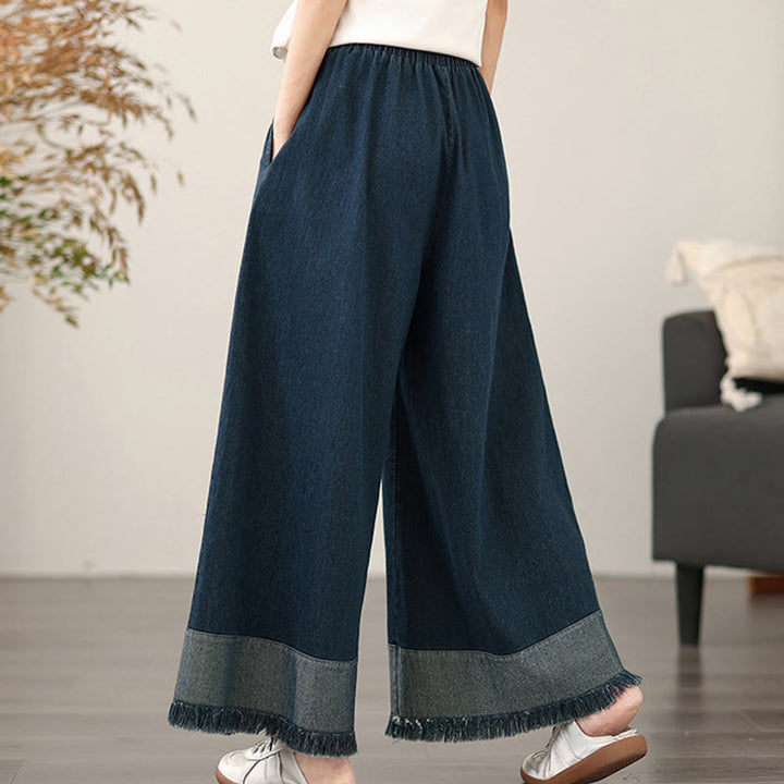 Buddha Stones Spring Vintage Distressed Tassel Design Women's Wide Leg Pants With Pockets