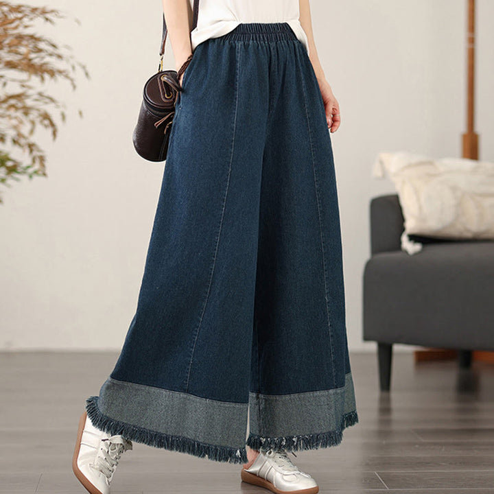 Buddha Stones Spring Vintage Distressed Tassel Design Women's Wide Leg Pants With Pockets