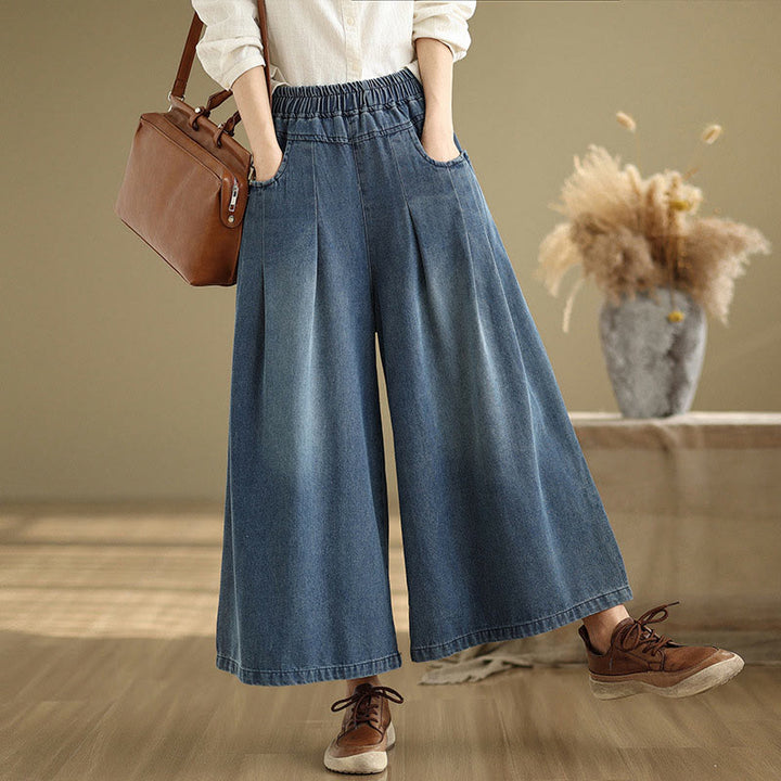 Buddha Stones Fall Vintage Distressed Design High Waist Women's Wide Leg Pants With Pockets