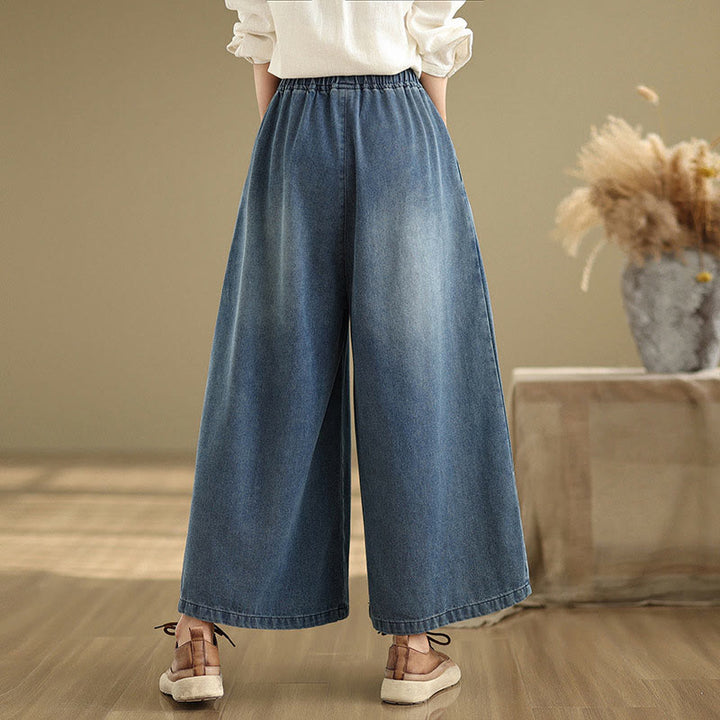 Buddha Stones Fall Vintage Distressed Design High Waist Women's Wide Leg Pants With Pockets