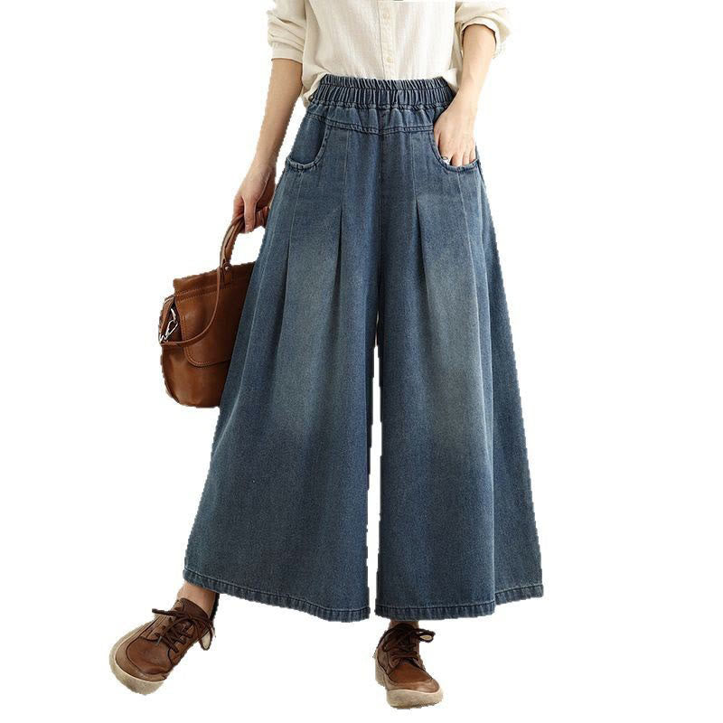 Buddha Stones Fall Vintage Distressed Design High Waist Women's Wide Leg Pants With Pockets