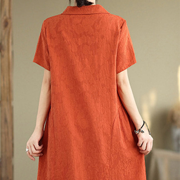Buddha Stones Plain Jacquard Design Short Sleeve Cotton Linen Midi Dress With Pockets - image 5