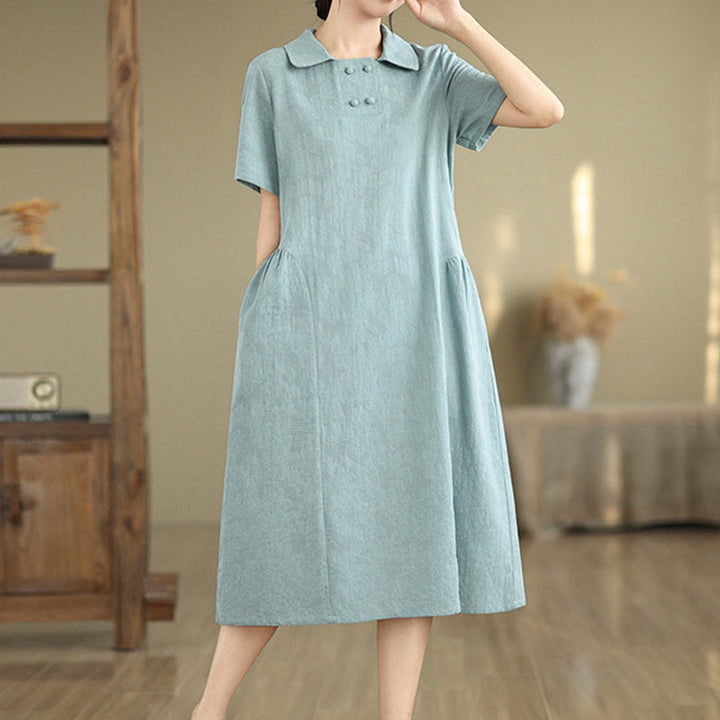 Buddha Stones Plain Jacquard Design Short Sleeve Cotton Linen Midi Dress With Pockets
