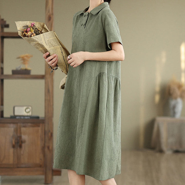 Buddha Stones Plain Jacquard Design Short Sleeve Cotton Linen Midi Dress With Pockets