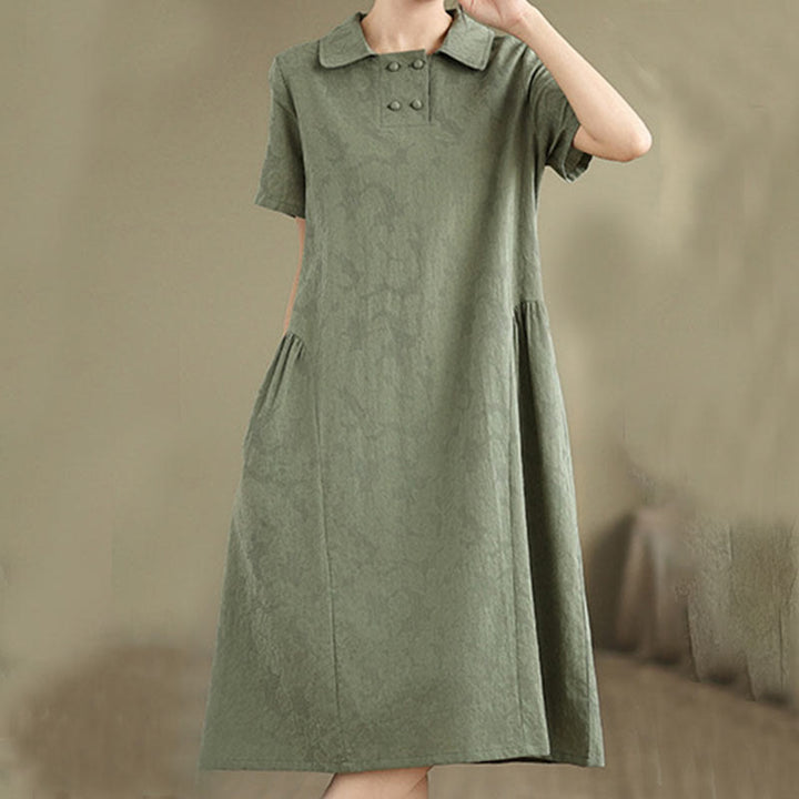 Buddha Stones Plain Jacquard Design Short Sleeve Cotton Linen Midi Dress With Pockets
