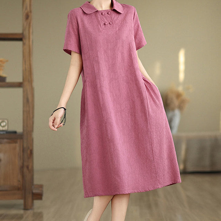 Buddha Stones Plain Jacquard Design Short Sleeve Cotton Linen Midi Dress With Pockets
