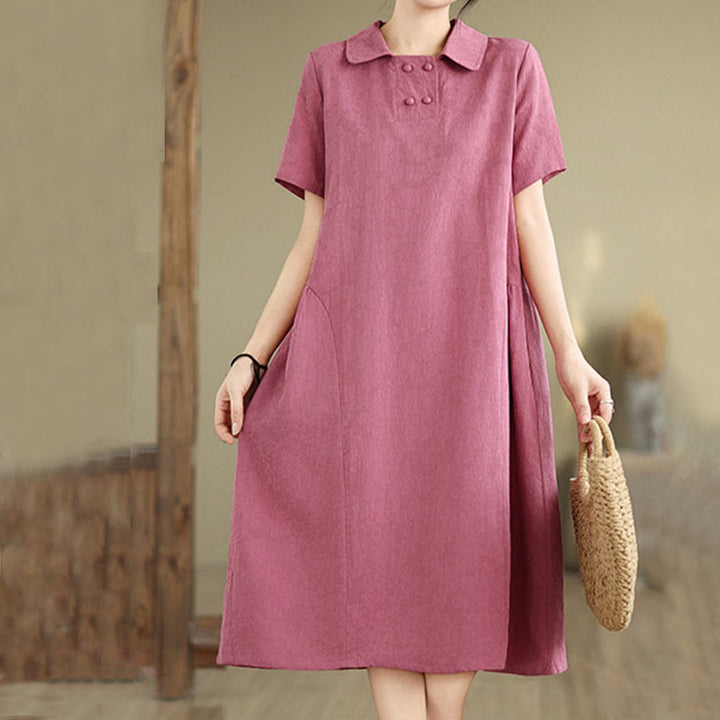 Buddha Stones Plain Jacquard Design Short Sleeve Cotton Linen Midi Dress With Pockets
