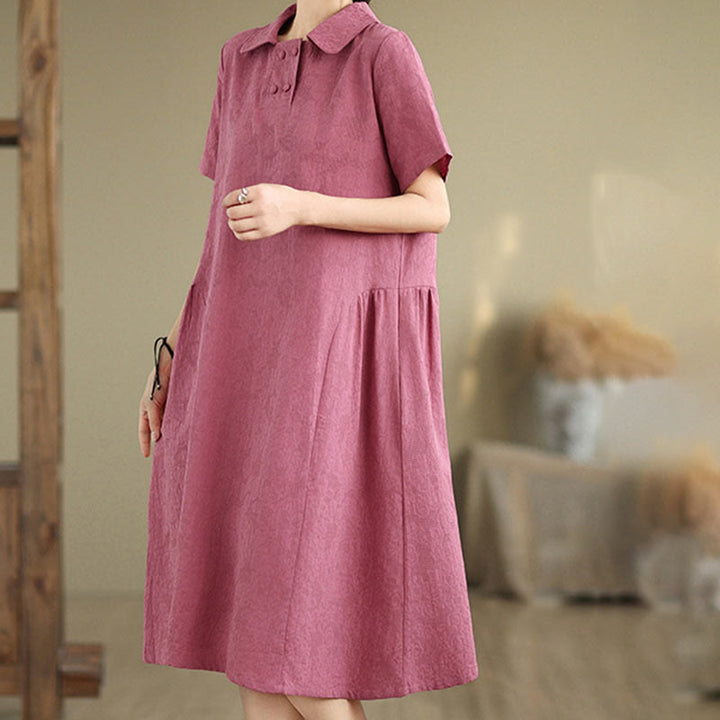 Buddha Stones Plain Jacquard Design Short Sleeve Cotton Linen Midi Dress With Pockets