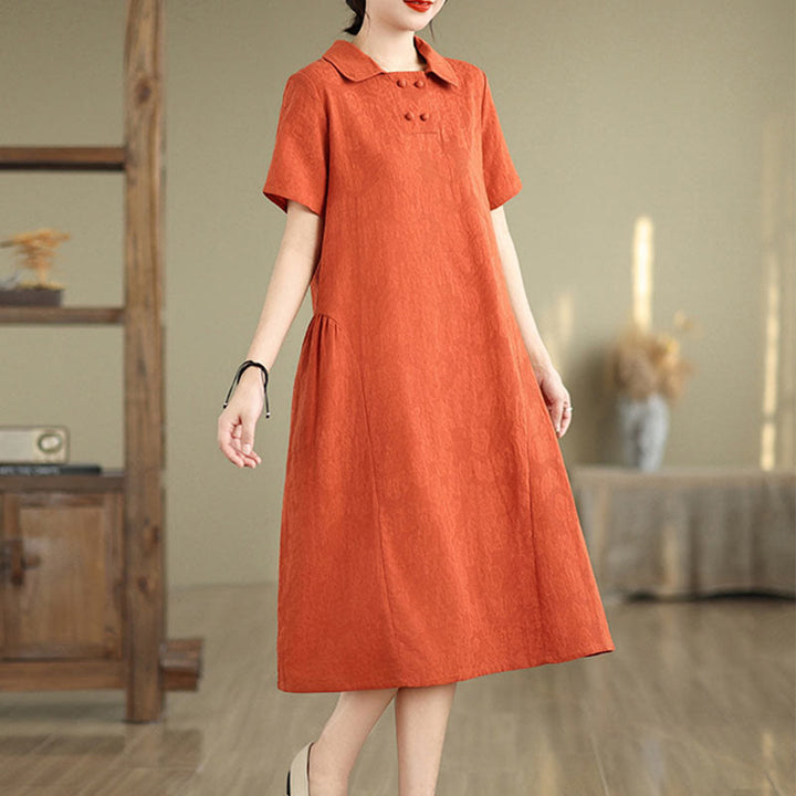 Buddha Stones Plain Jacquard Design Short Sleeve Cotton Linen Midi Dress With Pockets