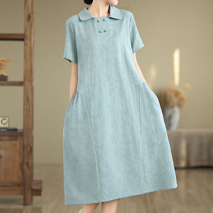 Buddha Stones Plain Jacquard Design Short Sleeve Cotton Linen Midi Dress With Pockets