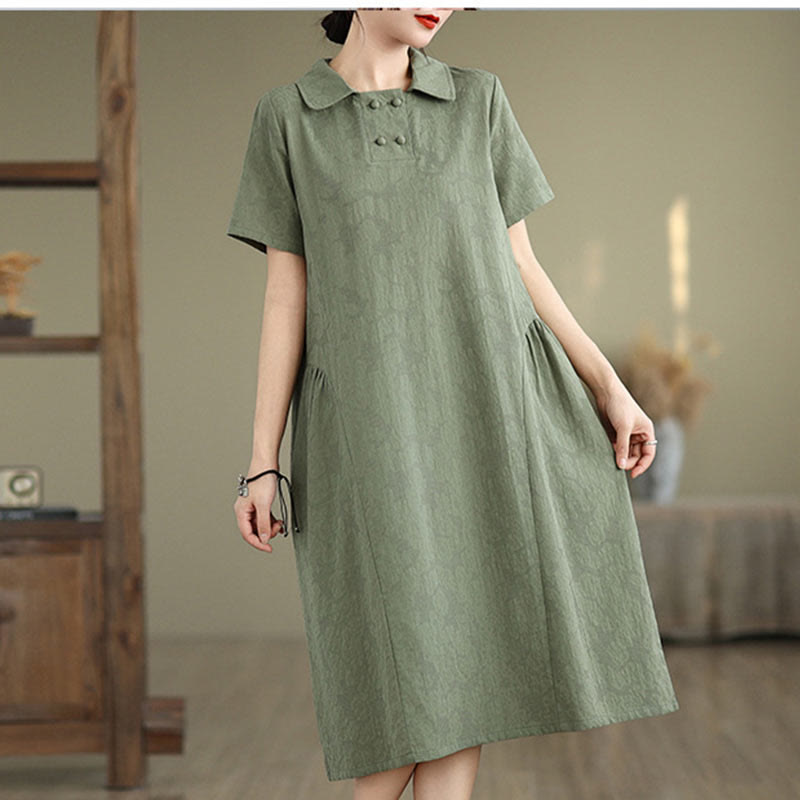 Buddha Stones Plain Jacquard Design Short Sleeve Cotton Linen Midi Dress With Pockets