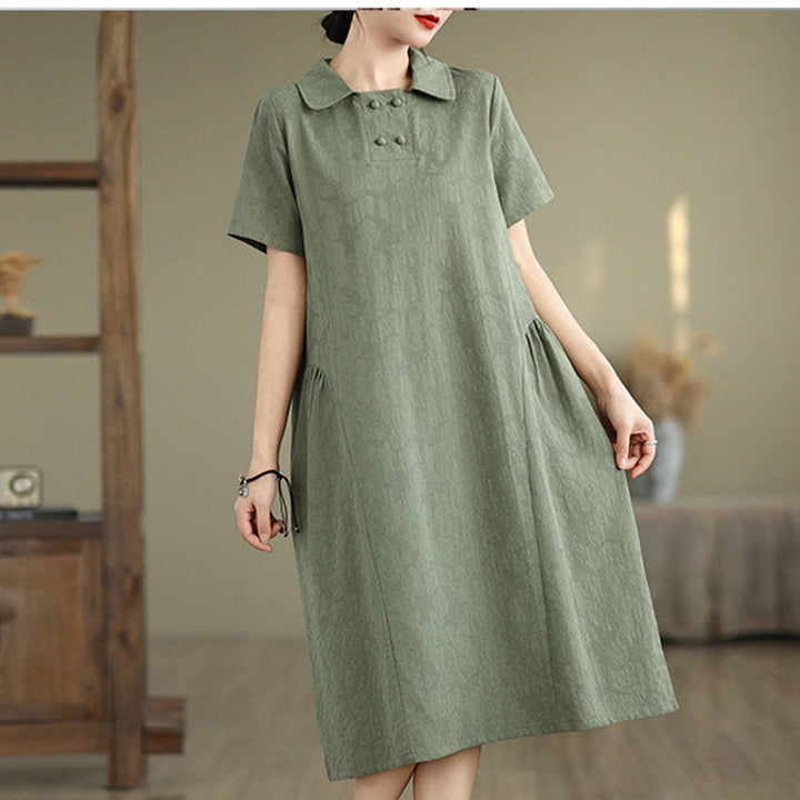 Buddha Stones Plain Jacquard Design Short Sleeve Cotton Linen Midi Dress With Pockets